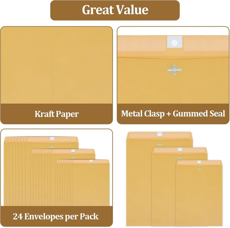 smrtcol 3 Sizes Clasp Envelopes Security Mailing Envelopes with Metal Clasps Kraft Paper Envelopes for Office, School, Home, Shipping Documents, Photos, Mailers (24 Packs) - Image 4
